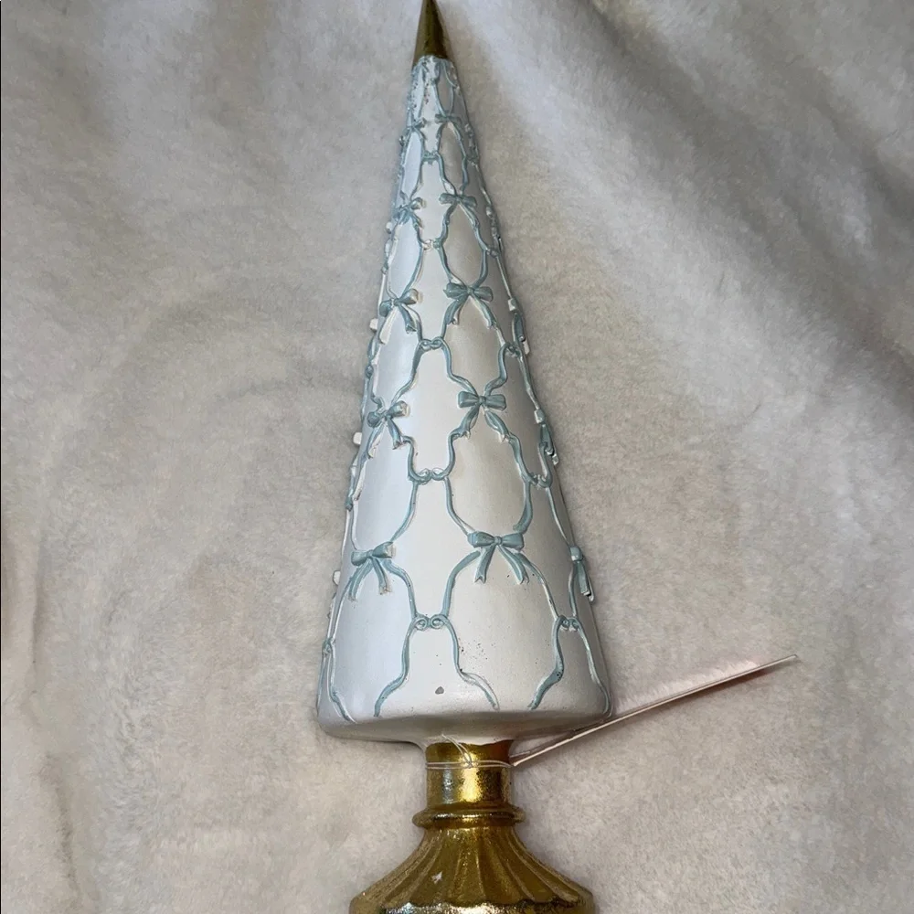 Cupcakes and cashmere Christmas Tree w blue bows across white cone & gold base